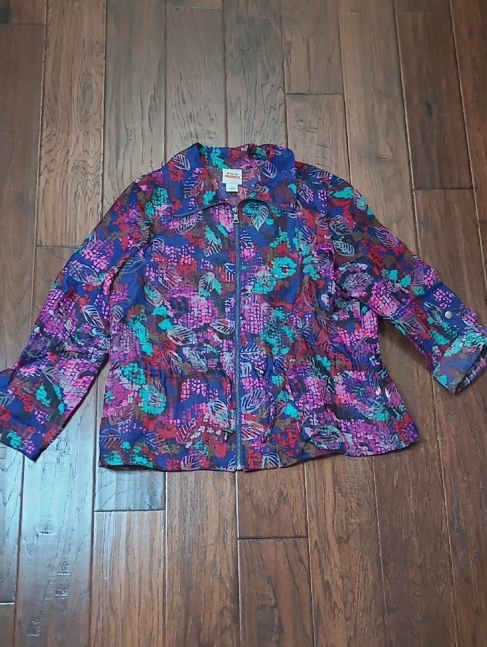 Ruby Rd Colorful Abstract Floral Zip-Front Burnout/Semi-Sheer Jacket size 16